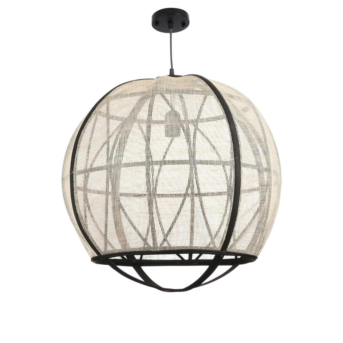Off-white linnen hanglamp met zwart frame in moderne woonkamer