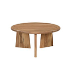 Ronde salontafel van acaciahout met asymmetrisch frame in moderne woonkamer