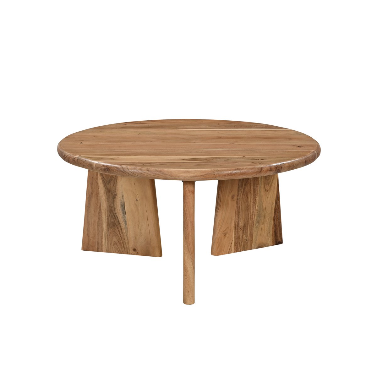 Ronde salontafel van acaciahout met asymmetrisch frame in moderne woonkamer