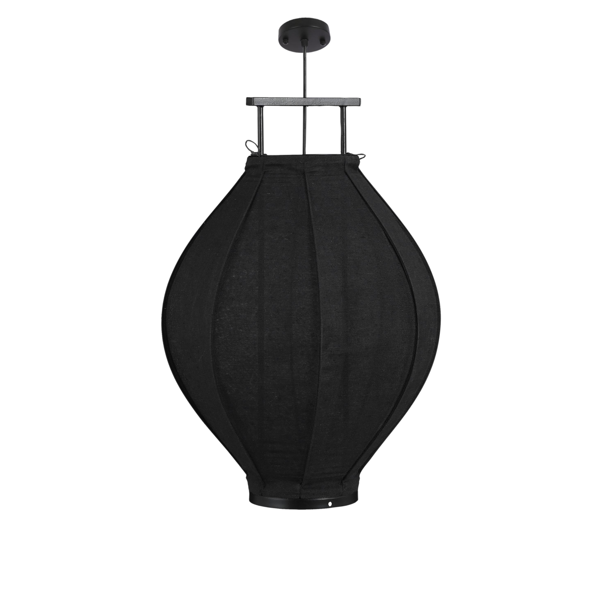 Zwarte linnen hanglamp met houten frame in moderne woonkamer