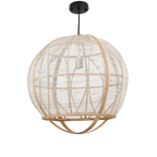 Hanglamp van linnen in beige met bruine frame in moderne woonkamer