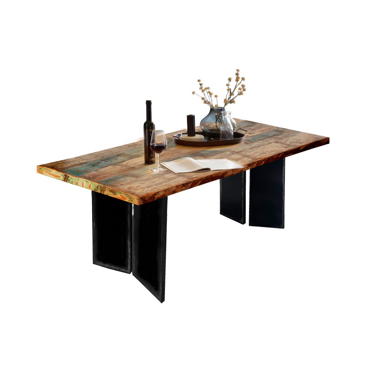 Eettafel met kleurrijk tafelblad en metalen frame in industriële stijl