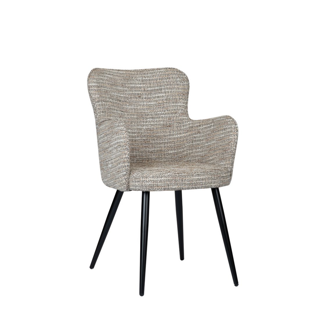 Oorfauteuil Coco in zandwit met zwarte poten in een moderne eetkamer