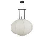 Off-white linnen hanglamp met zwart frame in moderne woonkamer