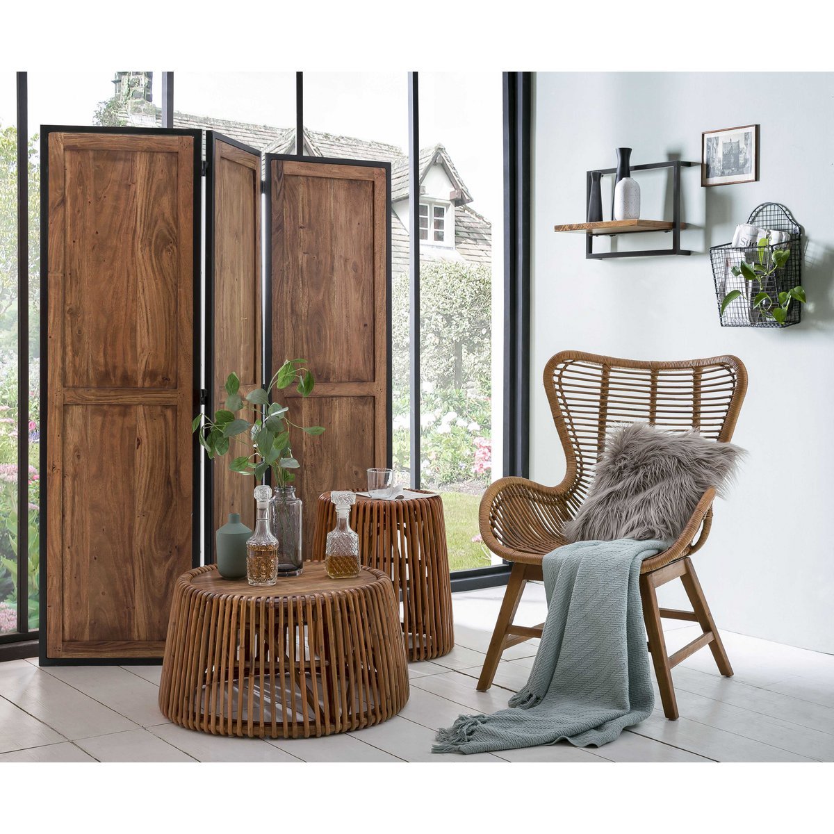 Rattan Side Table with Teak Top