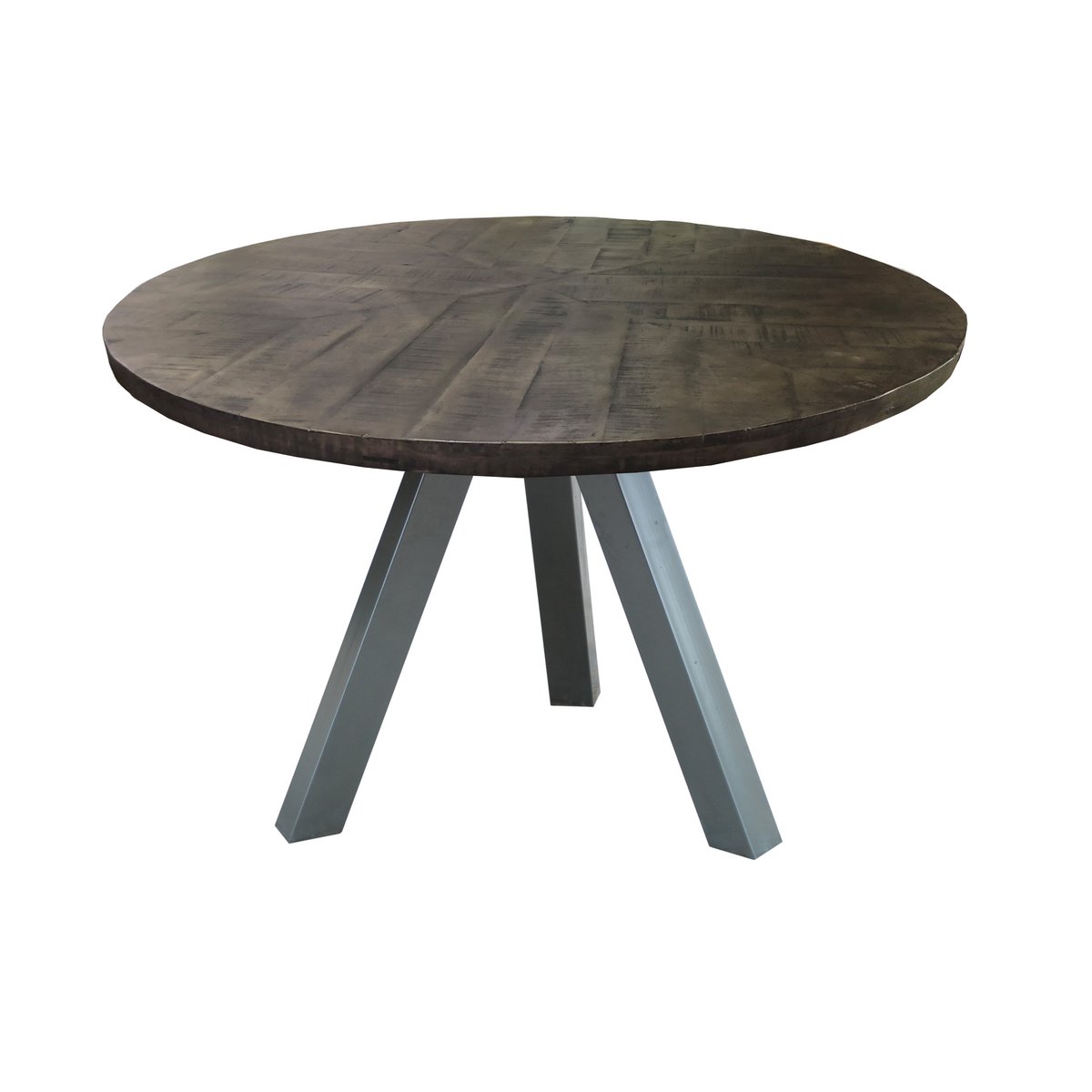 Ronde tafel van mangohout met metalen frame in een moderne eetkamer