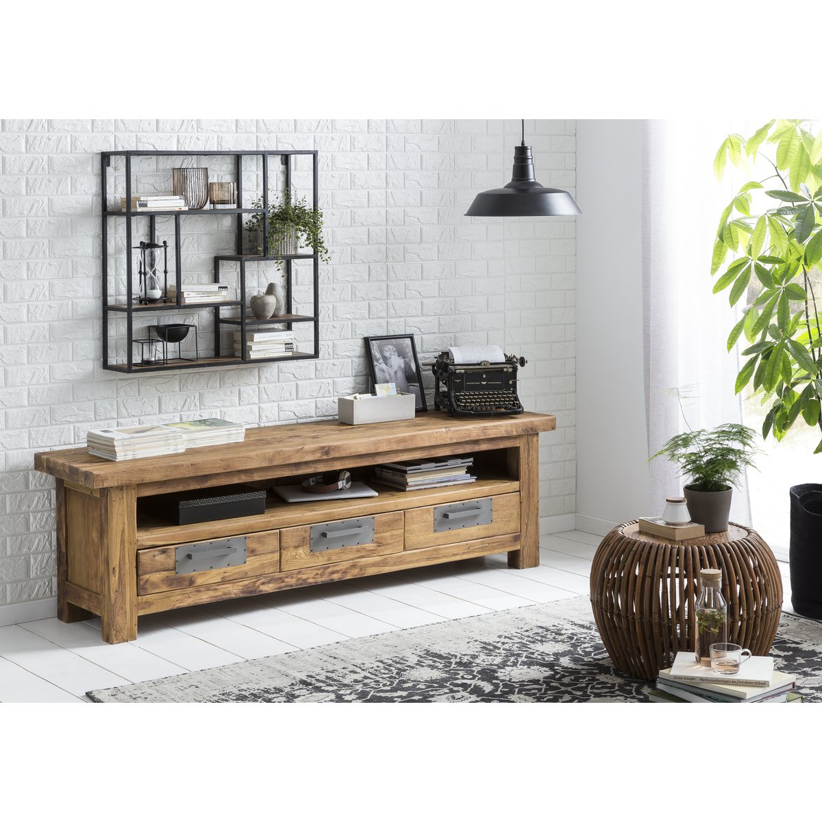 Round Coffee Table Rattan and Teak Wood