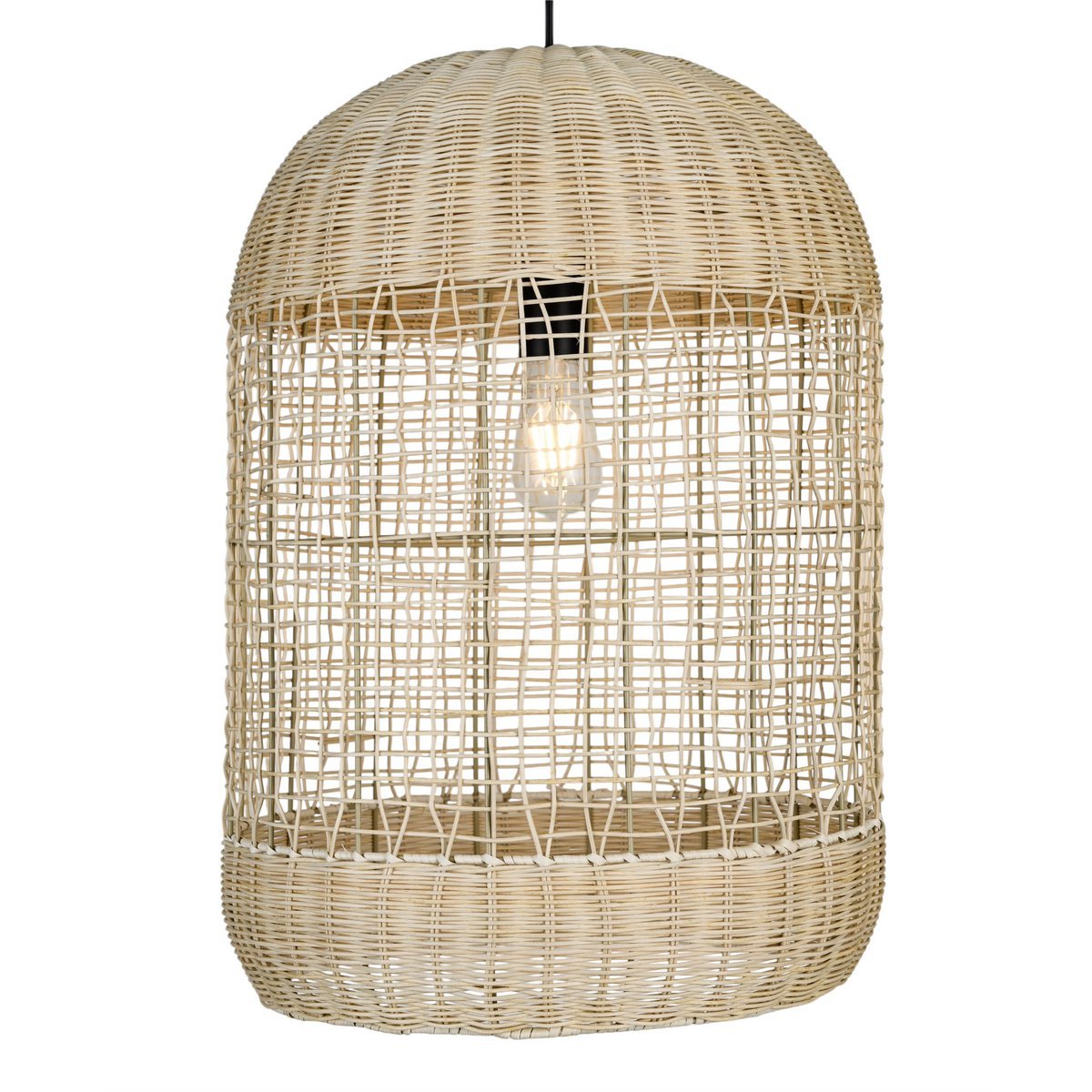 Rotan hanglamp in natuurlijke kleur in een moderne woonkamer