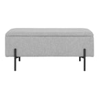 Lichtgrijze bank met zwarte metalen poten en opbergvak