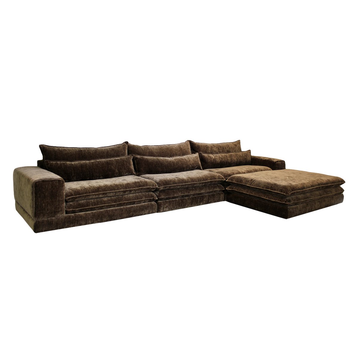 Modulaire Londense bank in umber met ottoman in moderne woonkamer