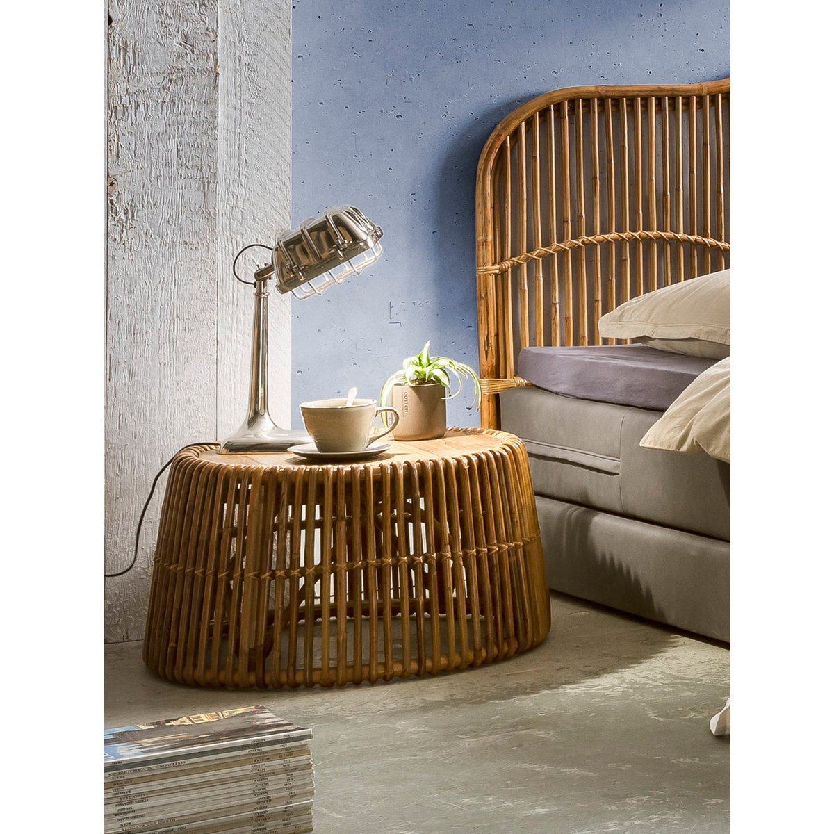Rattan Side Table with Teak Top
