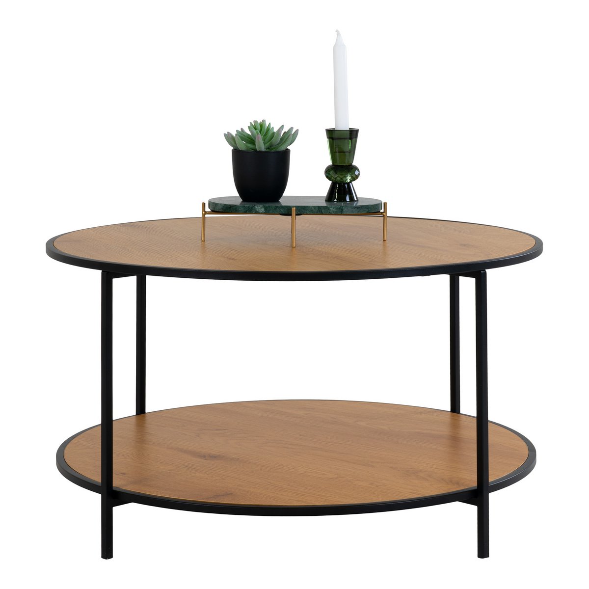 Ronde salontafel met eikenlook blad en zwart stalen frame in moderne woonkamer