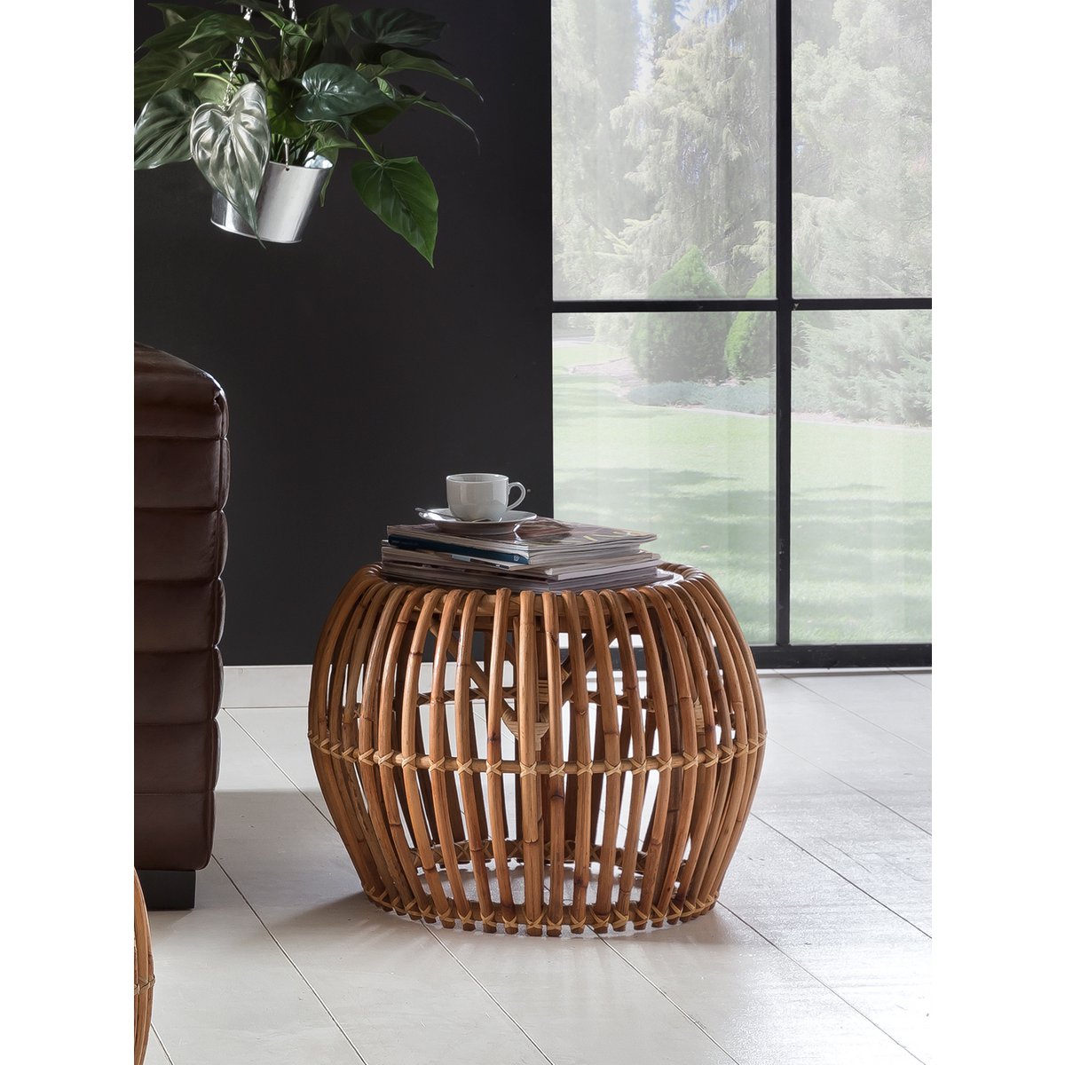 Round Coffee Table Rattan and Teak Wood
