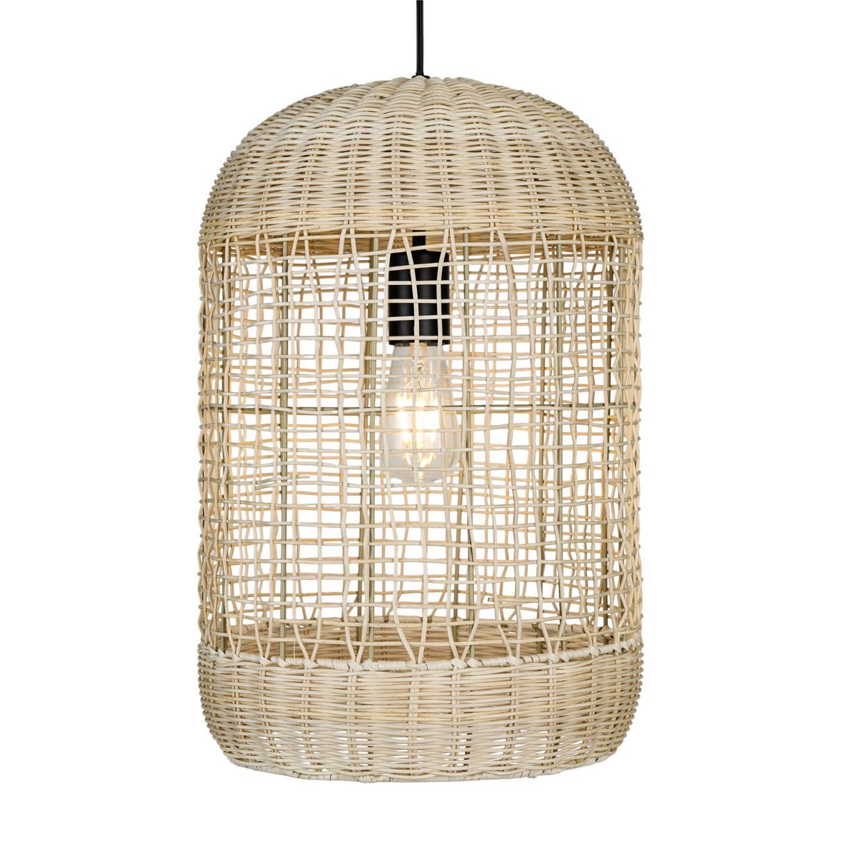 Rotan hanglamp in natuurlijke tint met ronde kap in interieur